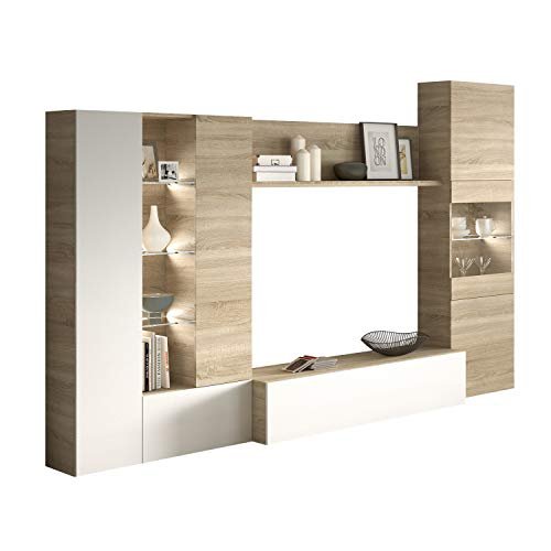 Habitdesign Dining Room Furniture with Leds, Living Room Furniture, Essential Model, Finished in Glossy White and Canadian Oak, Measurements: 260 cm (Width) x 185 cm (Height) x 42 cm (Depth)
